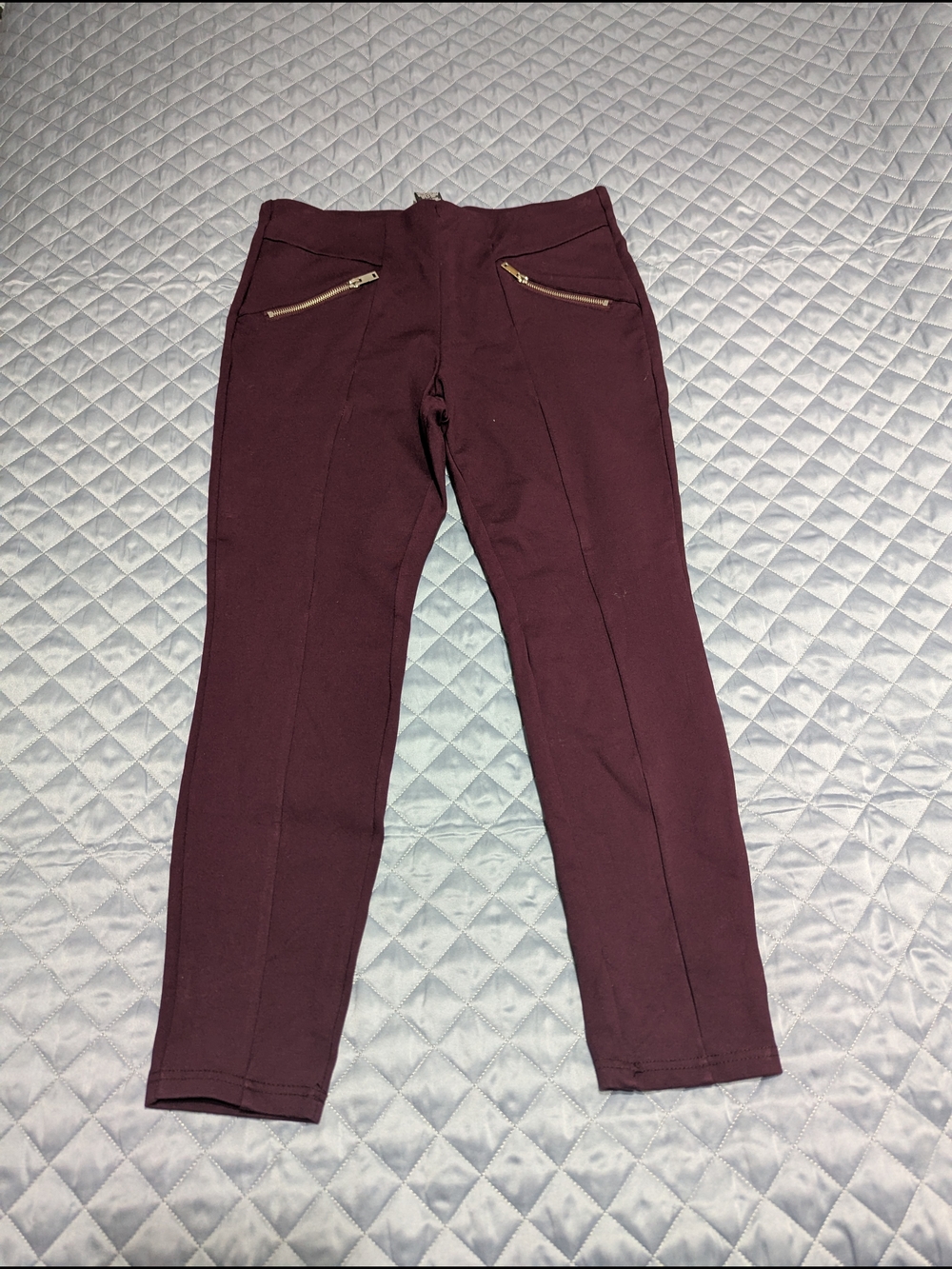 Slim Ponte Pants with Gold Zippers - Deep Burgundy